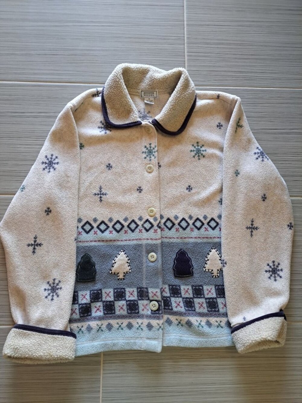 Jennifer Moore Snowflake Tree Fleece Button Up Jacket Medium Embroidered 3D - Picture 8 of 11